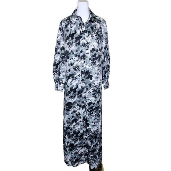Shirt Dresses Inc. Dresses & Skirts - Vintage 70s Shirt Dress Womens Size XL Black White Floral Maxi Dagger Collar